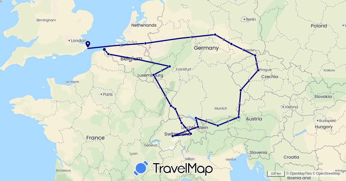 TravelMap itinerary: driving in Austria, Belgium, Switzerland, Czech Republic, Germany, United Kingdom, Luxembourg, Netherlands (Europe)